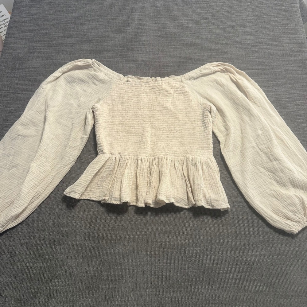 Leia & Co Smocked Peplum Top Womens XL Cream Gauze Balloon Sleeve Boho